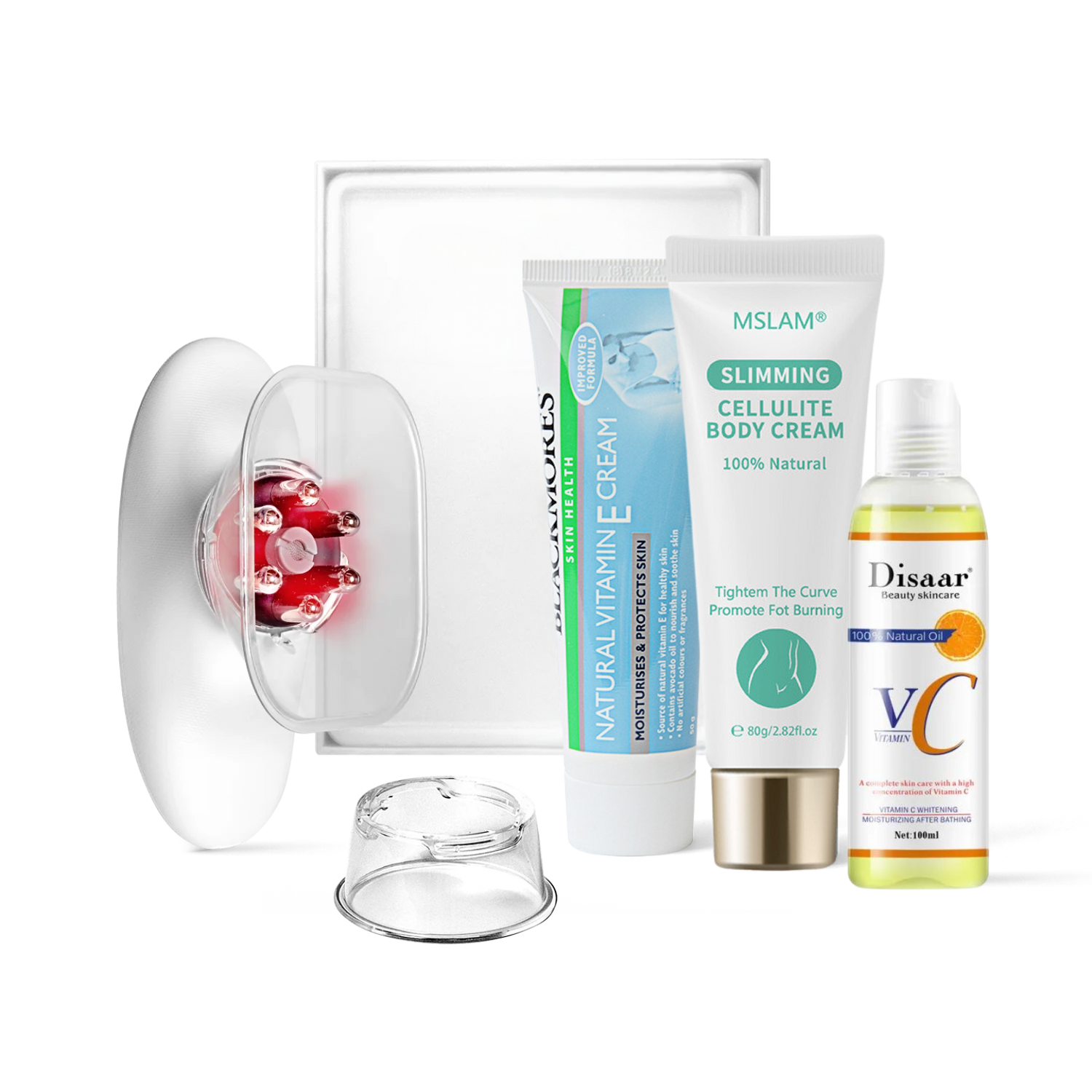 The MiaBody Premium Set featuring a beauty device with a red treatment head, a tube of MSLAM Slimming Cellulite Body Cream, a tube of Blackmores Natural Vitamin E Cream, and a bottle of Disaar Vitamin C oil. The items are elegantly arranged, showcasing a comprehensive collection for advanced skincare and body treatment.